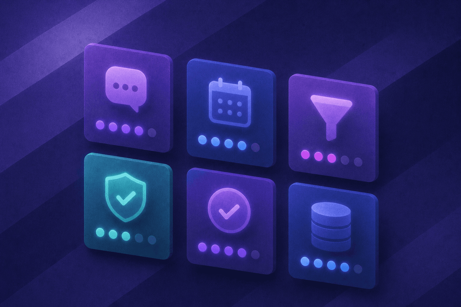 A clean, modern flat-design illustration showing six abstract software tool cards arranged in a grid layout on a dark navy background, each card glowing with a distinct color accent in blue, teal, and purple tones. Each card displays abstract icons representing features like a chat bubble, a calendar, a funnel, a shield, a checkmark, and a database symbol. Small colored dots or badges on each card indicate whether a feature is present or absent, some filled and bright, others dimmed or grayed out. The overall composition evokes a feature comparison matrix or evaluation scorecard, with a professional, geometric, minimalist aesthetic. No text, no labels, no letters, no numbers anywhere in the image.
