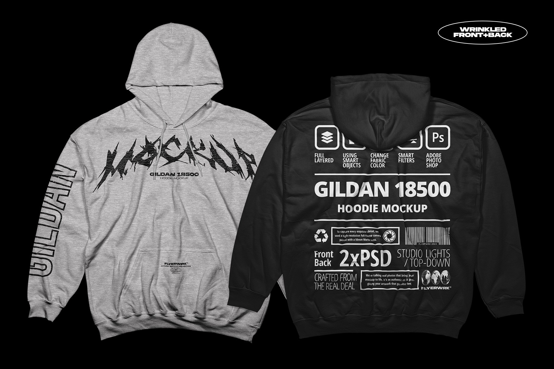 Gildan 18500 Hoodie Wrinkled mockup showing front and back design preview