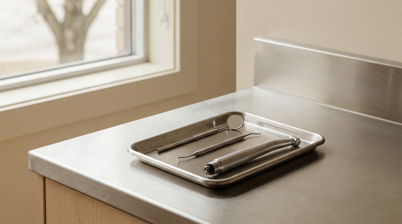 Dental instruments arranged on a tray before a crown preparation appointment