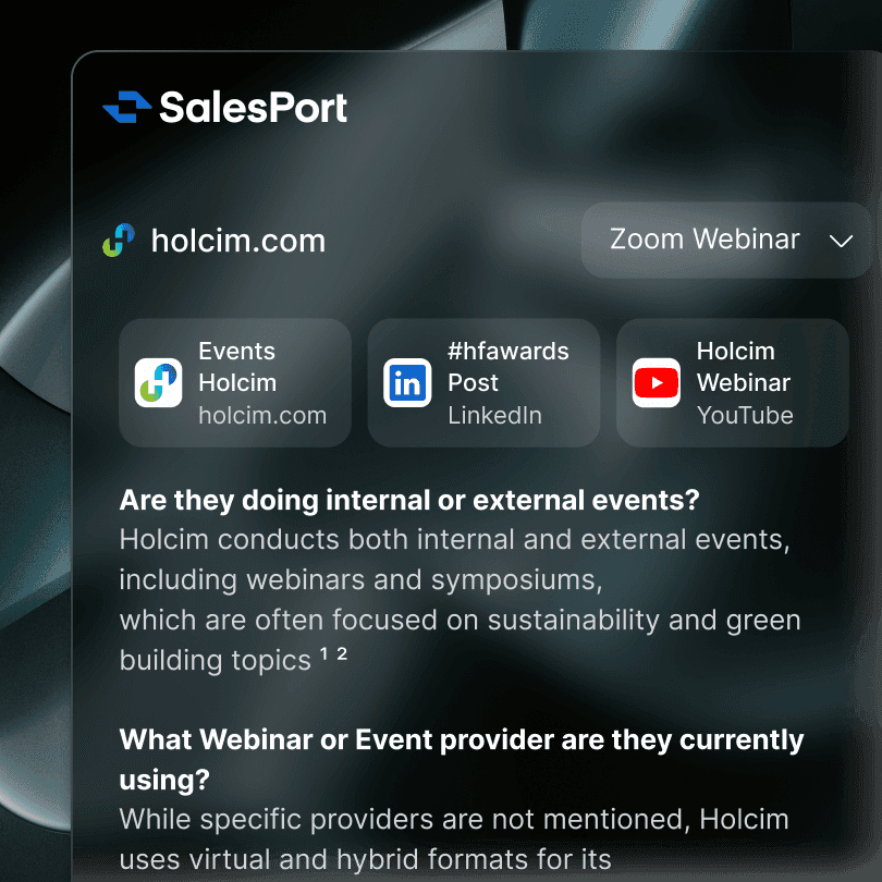 SalesPort dashboard showing company entry points and event insights – the AI Researcher reveals opportunities and key data for targeted outreach.