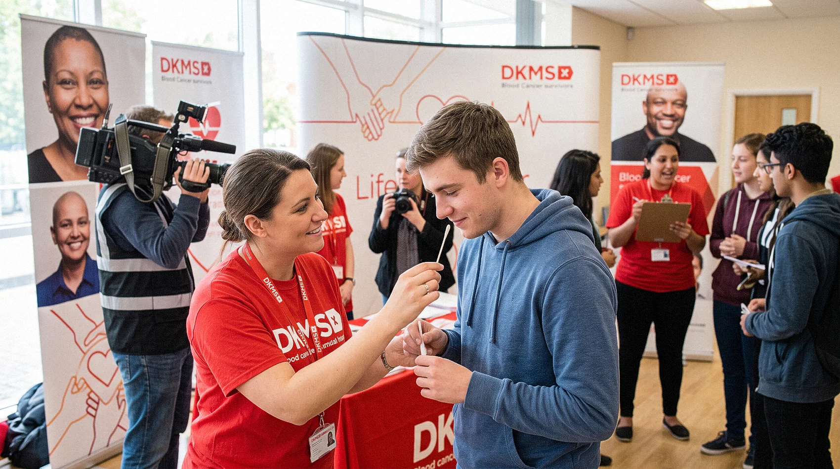 DKMS and Mediareach outdoor pop-up in London with volunteers doing stem cell donor cheek swab tests and hugging