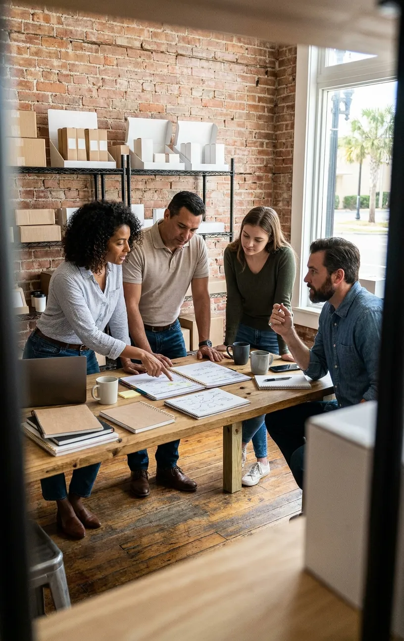 Man at desk reviewing files, RockN' Socials Digital Marketing Agency office.