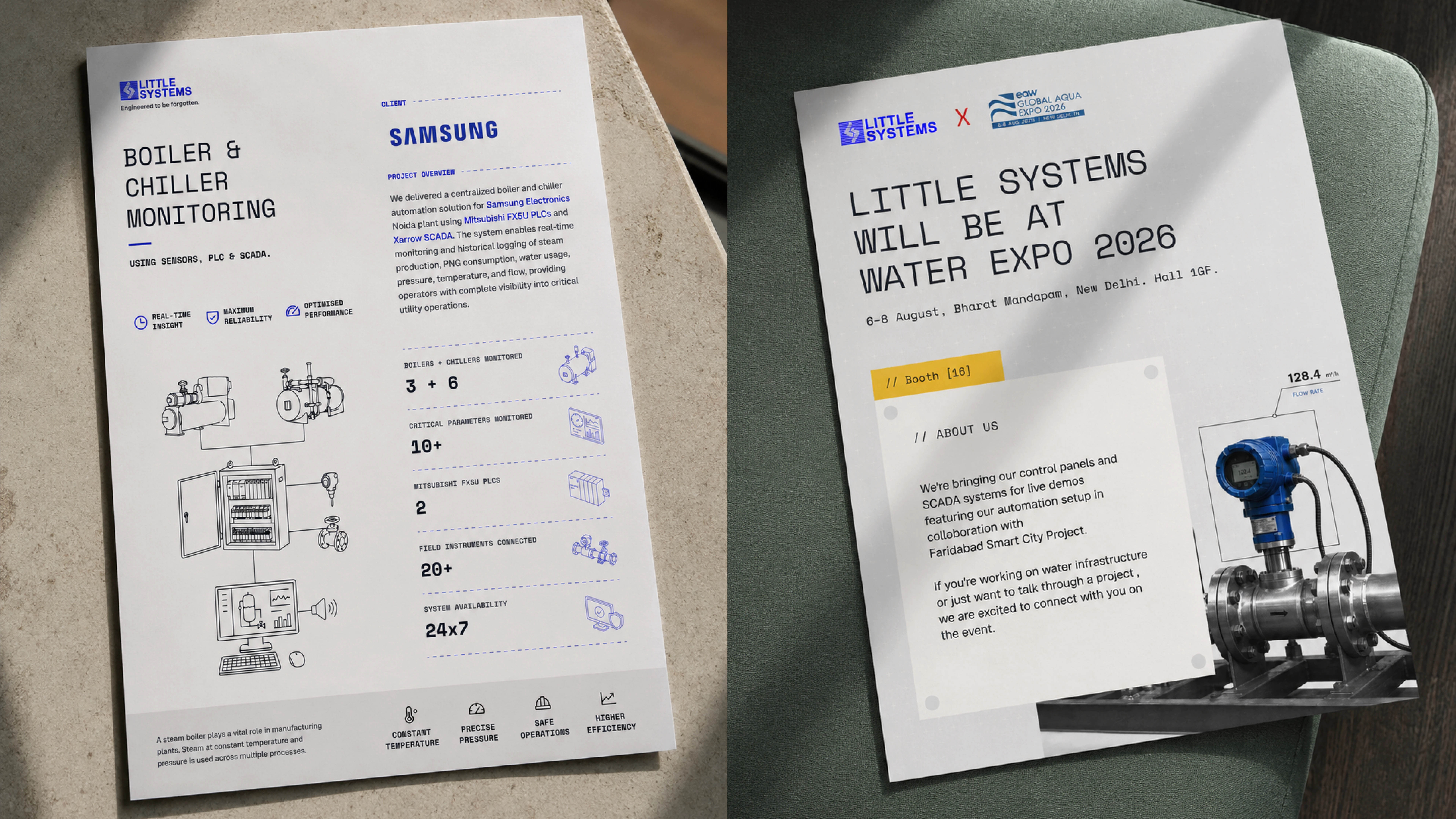 Two Little Systems promotional flyers displayed on textured surfaces, featuring an industrial automation project overview on the left and an announcement for Water Expo 2026 on the right, with technical illustrations and blue branding.