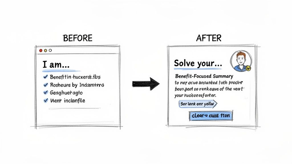 Before and after comparison of content presentation, transforming a simple list into a benefit-focused summary with an avatar.