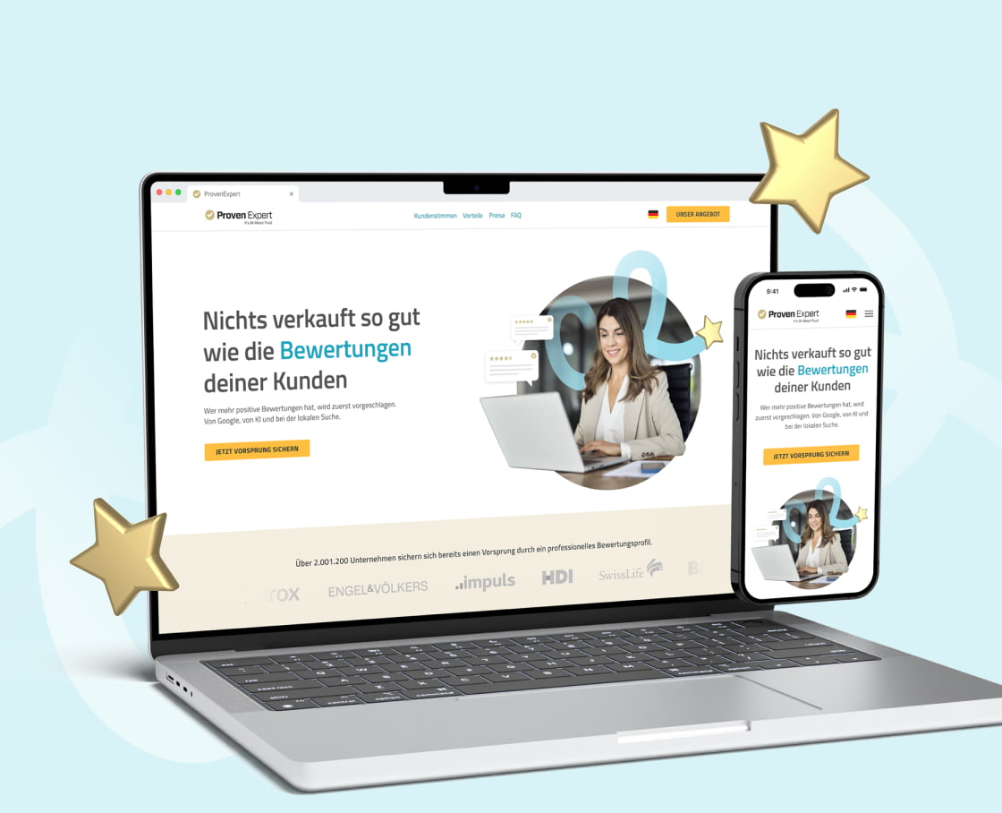 Responsive desktop and mobile UI mockups of the Direct Acquisition landing page hero section, accented by decorative golden stars.