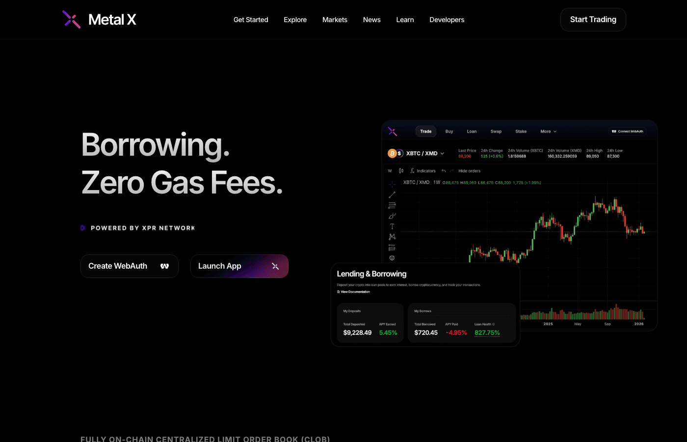 Metal X homepage — Trading, Lending, Borrowing, Swapping, Yield Farming, Zero Gas Fees
