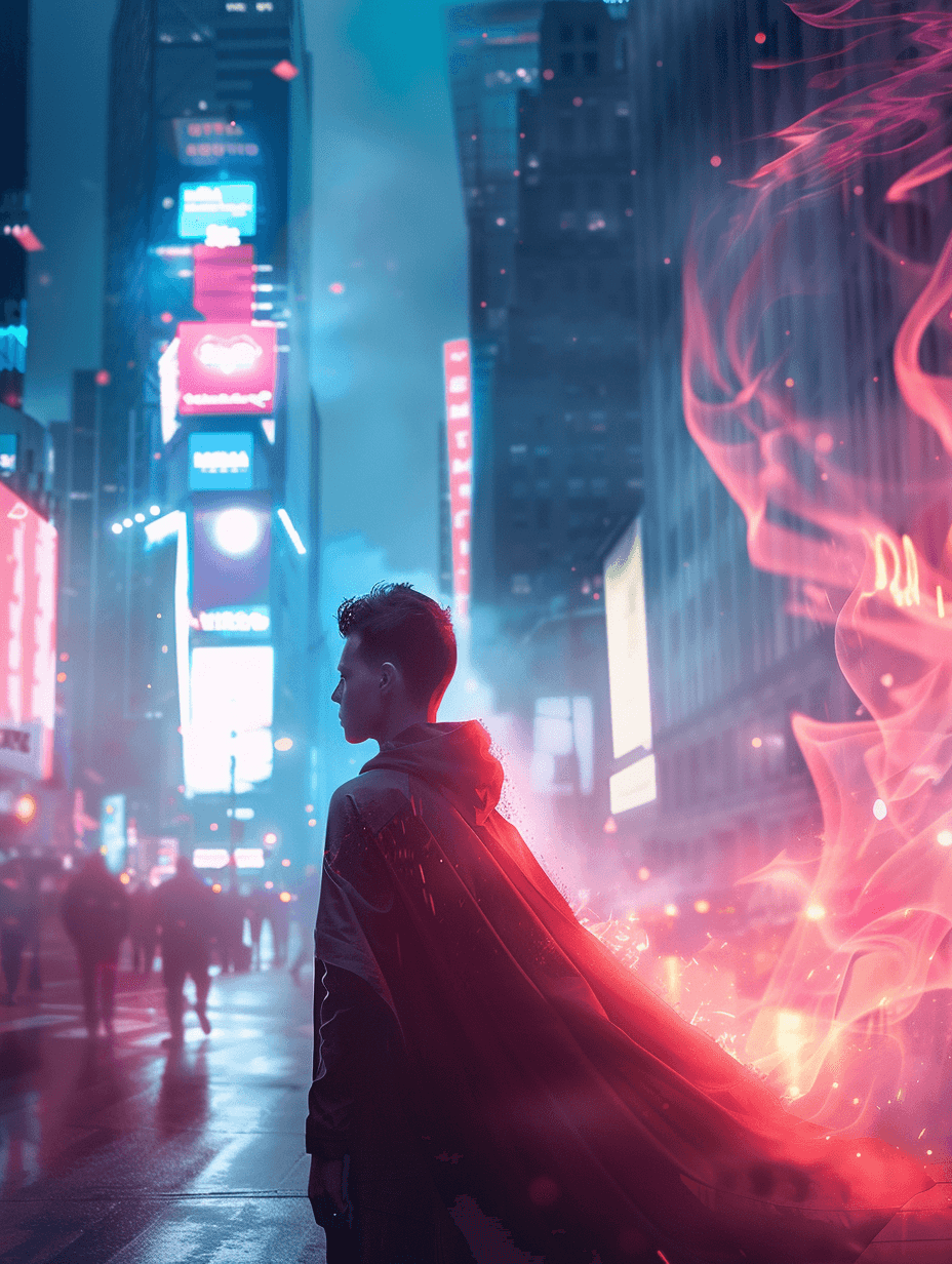 A man embodying the elements, with parts of him form made of fire, water, earth, and air, standing in a bustling futuristic city with neon lights, and towering skyscrapers intertwined with giant digital screens displaying abstract