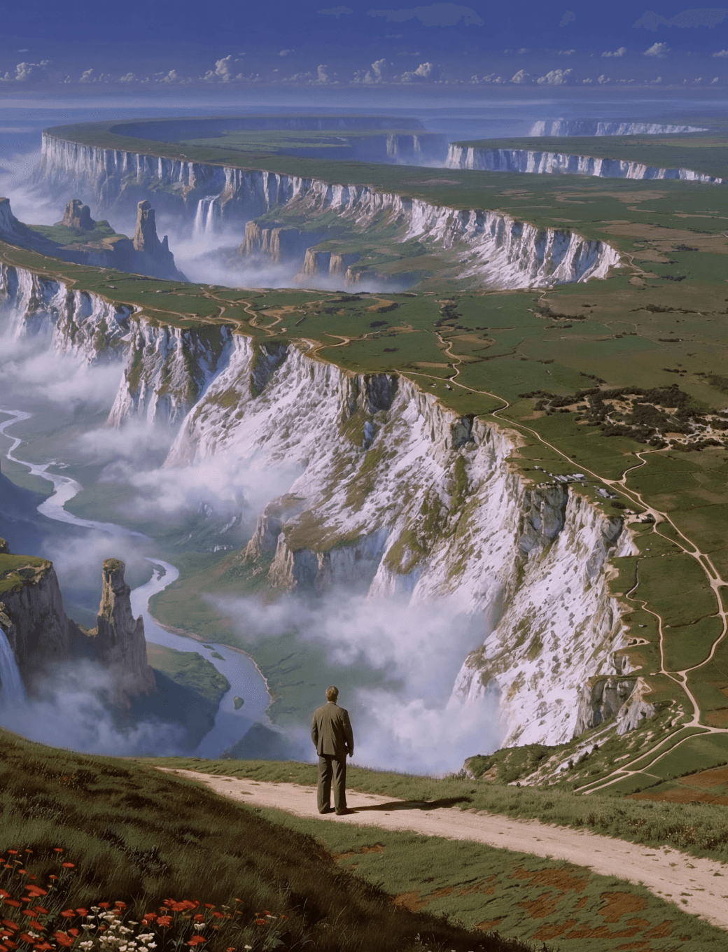 Epic canyon landscape with waterfalls and a lone person on a path.