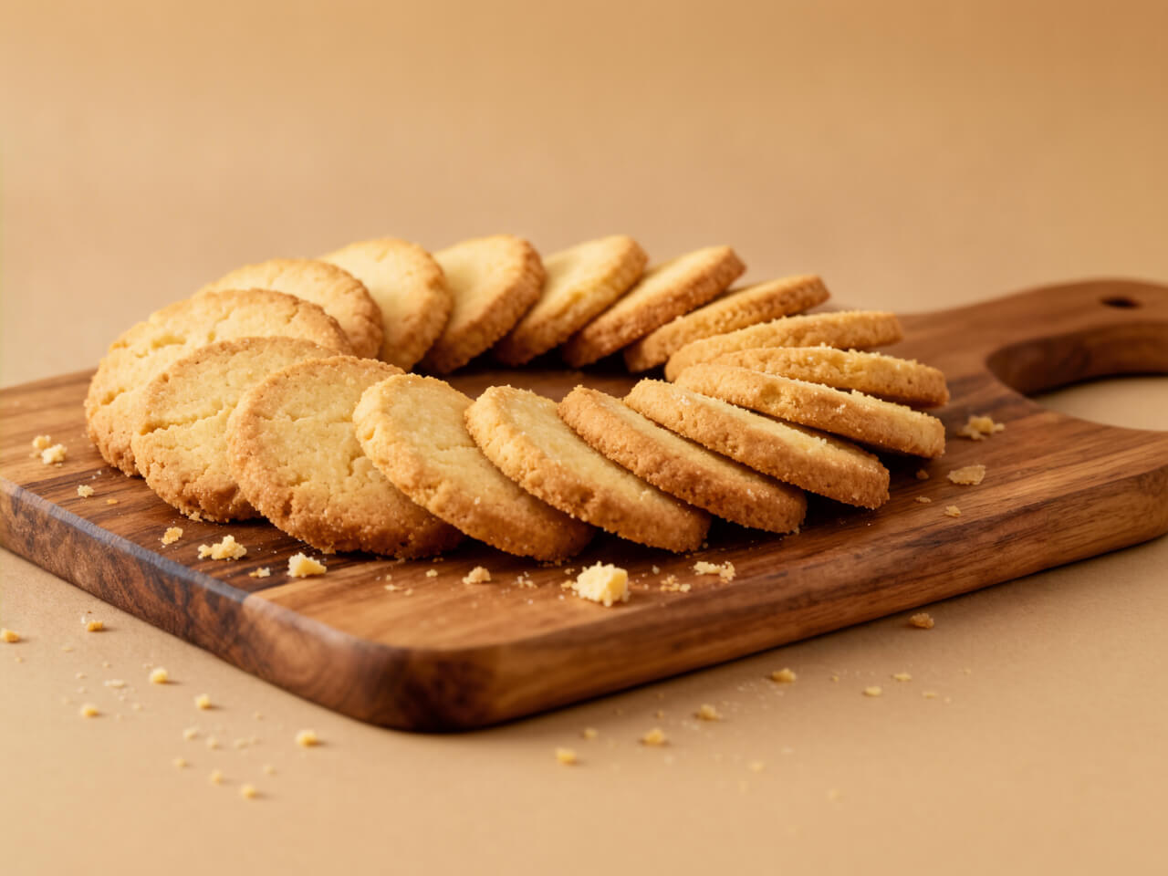 Buttery shortbread cookie with a light golden finish on a brown surface