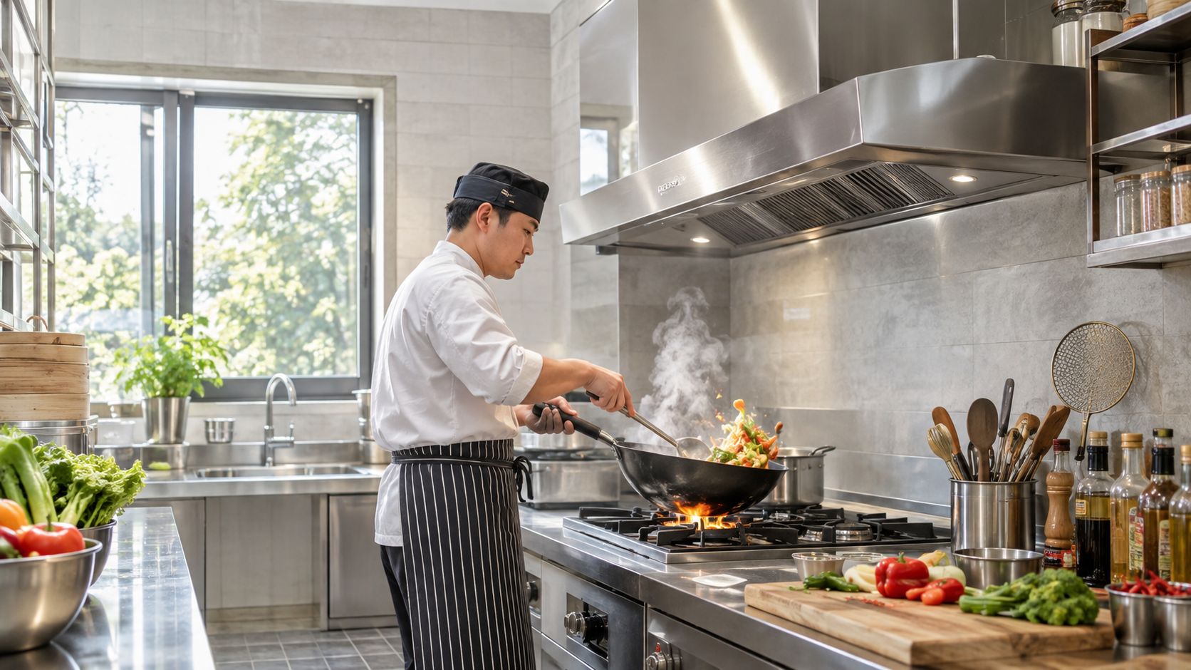 A professional chef cooking a stir-fry dish in a wok over an open flame in a modern kitchen.
