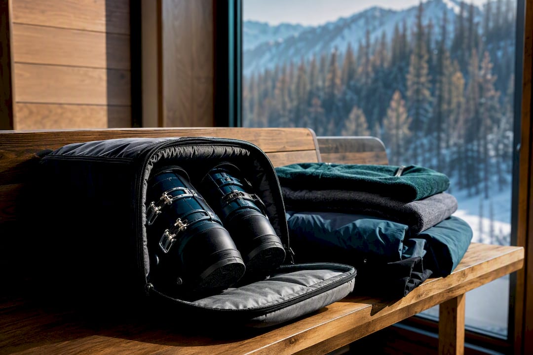 Ski boots and travel gear packed together for a ski trip
