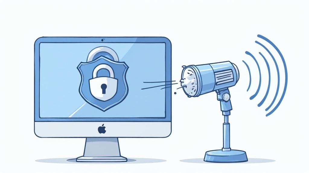 A lock icon superimposed over a sound wave on a Mac screen, symbolizing data security.