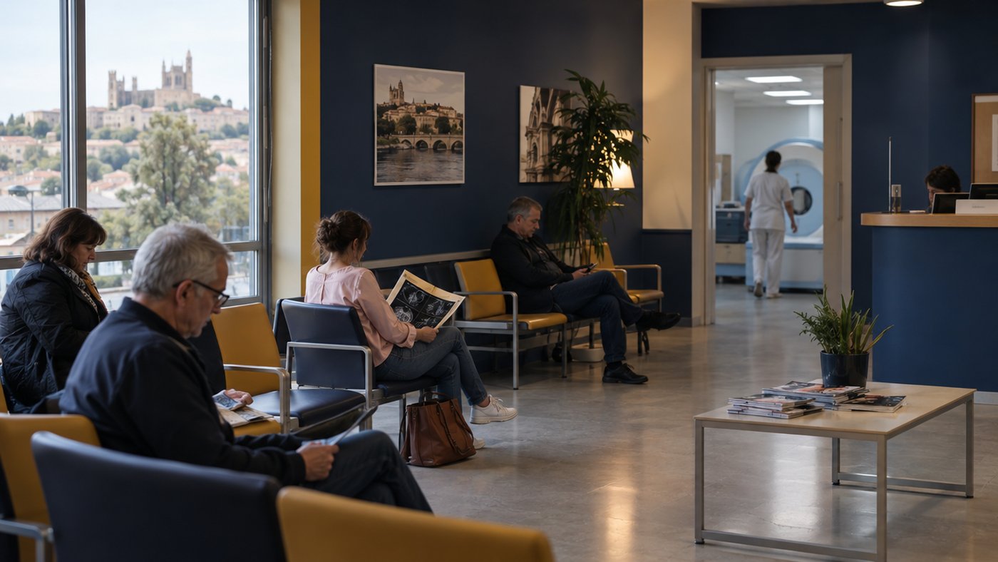 Patients dans la salle d'attente d'un cabinet de radiologie à Béziers
