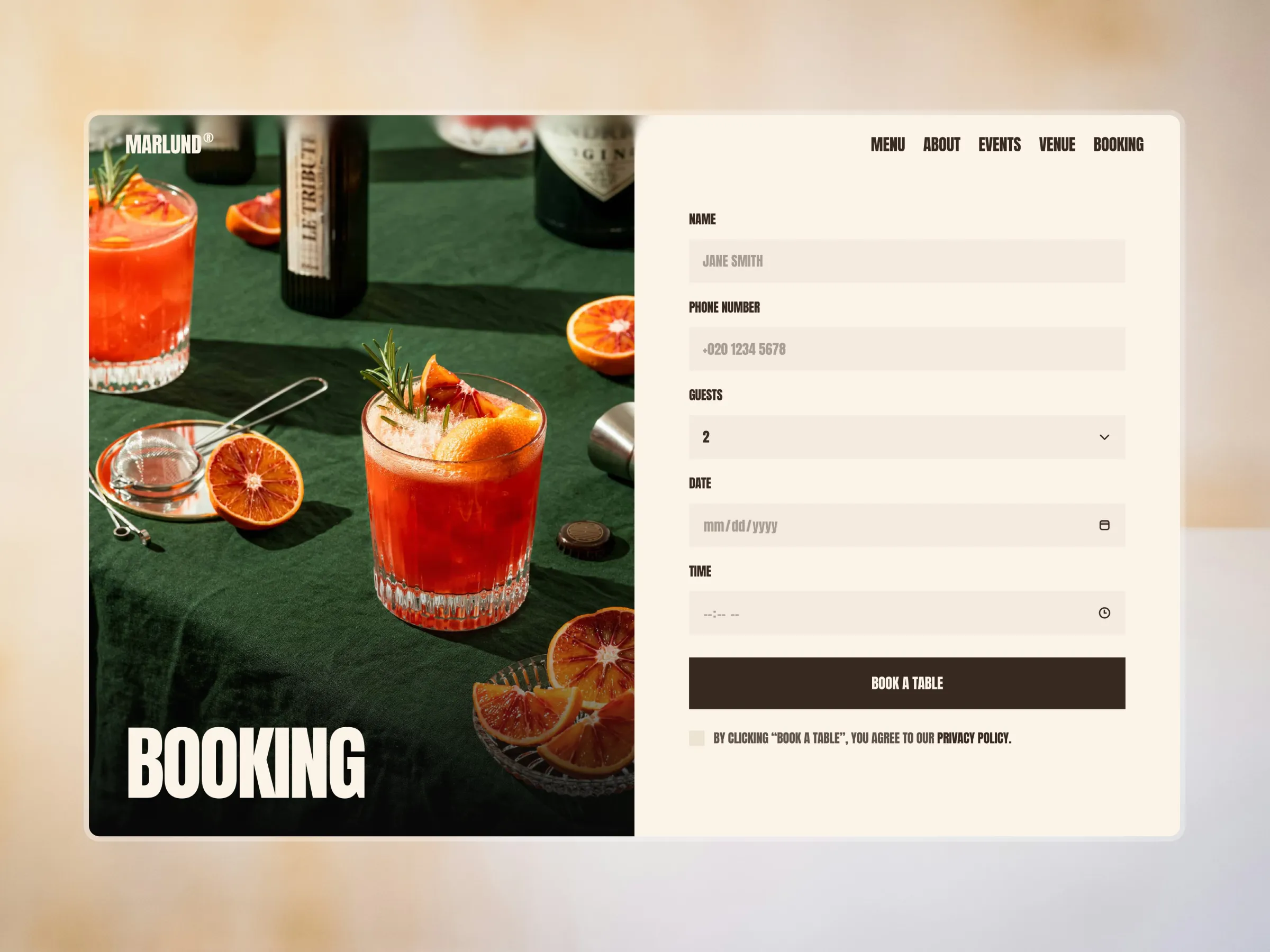 Restaurant website booking page with visible reservation form, guest details fields, date and time selection, and prominent “Book a Table” button next to cocktail imagery.