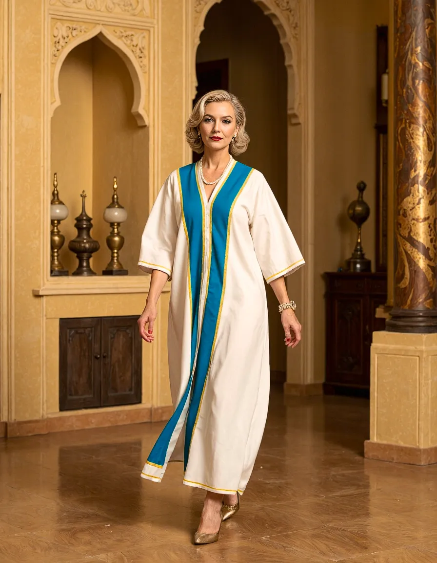 Elegant white kaftan with turquoise trim and gold accents photographed in a traditional Middle Eastern interior with ornate arched doorways