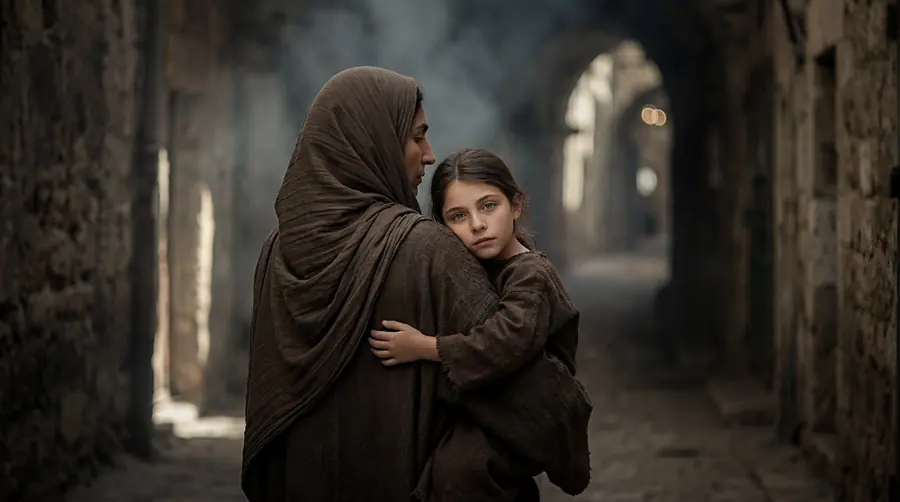 A woman carrying a young girl through a stone alley