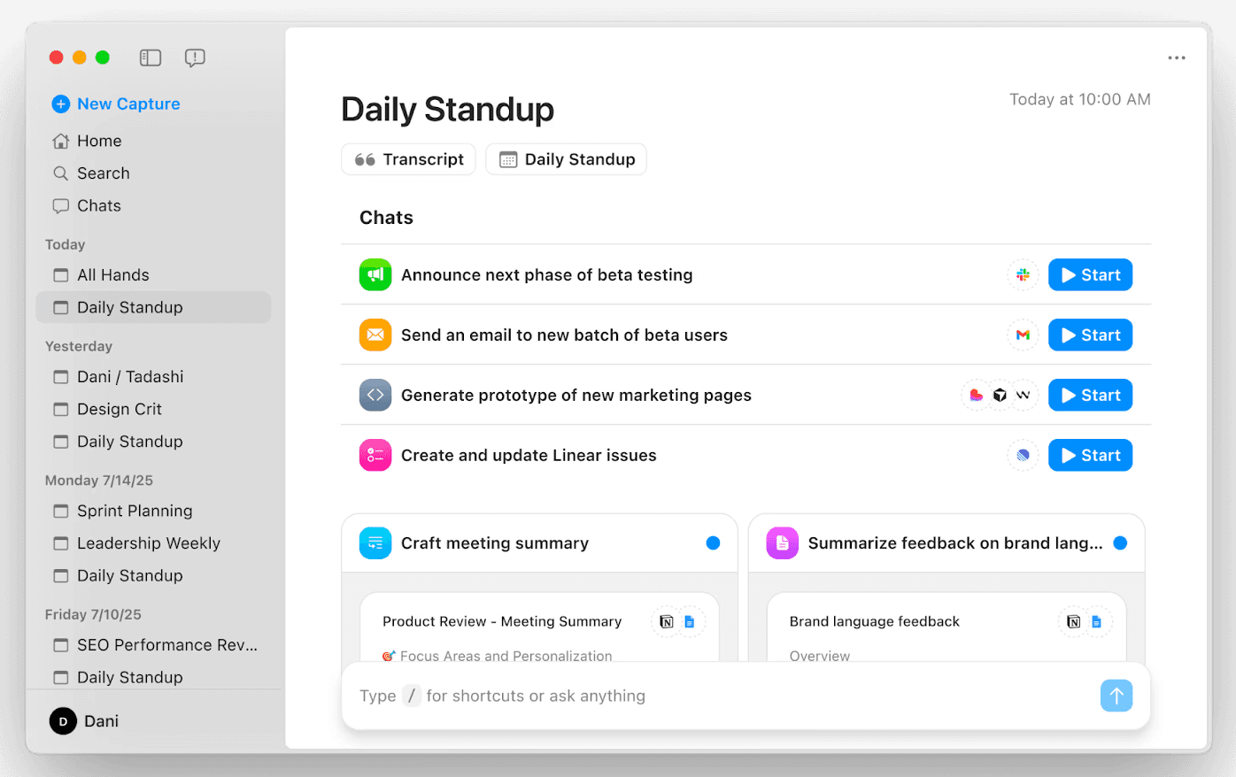 Screenshot of Radiant’s home view showing upcoming meetings, AI-generated meeting summaries awaiting review, and action items ready to start, along with a sidebar of recent calls.