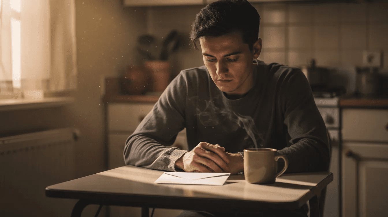 A young man sits at a kitchen table, lost in thought as he gazes at an unopened envelope in the soft morning light. The scene captures the emotional stages of dealing with inherited wealth, reflecting feelings of guilt and confusion about financial decisions related to his loved one's life.