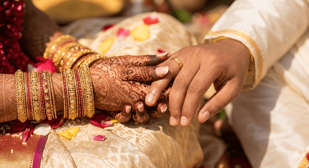 A close-up of the couple's joined hands during a ceremony, with clear skin and manicured appearances, symbolizing the detail-oriented care received.