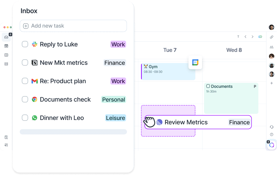 The Akiflow app integrating tasks from multiple tools into the Universal Inbox, displayed next to the One Calendar, that displays multiple calendars in one view