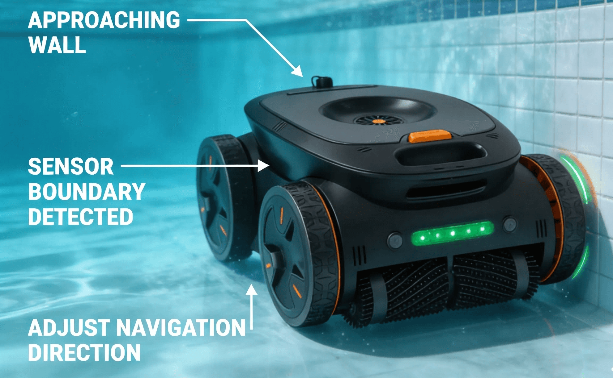 Robotic pool cleaner detecting pool walls and adjusting movement direction with sensors