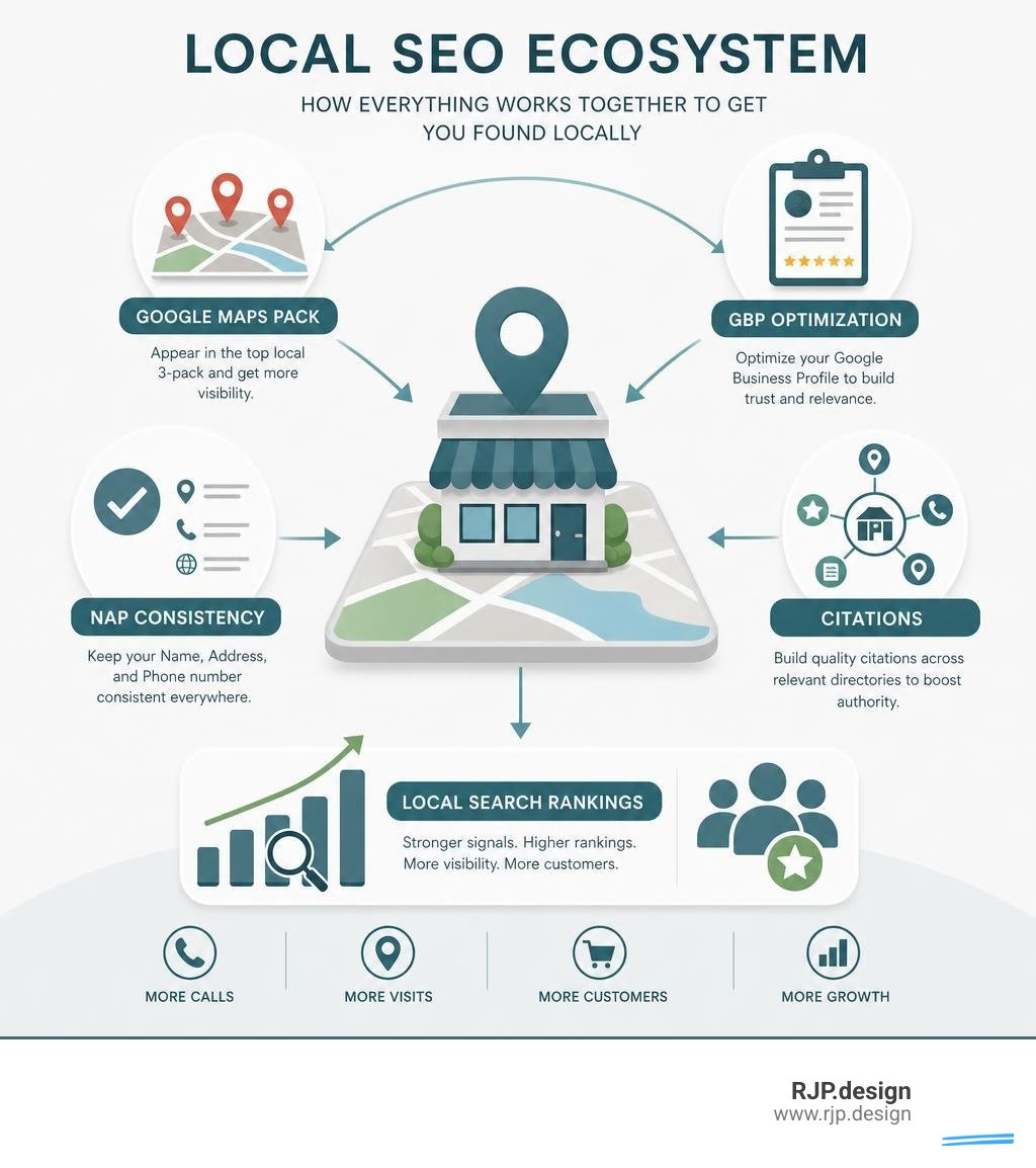Local SEO ecosystem infographic showing Google Maps Pack, NAP consistency, GBP optimization, citations, and local search