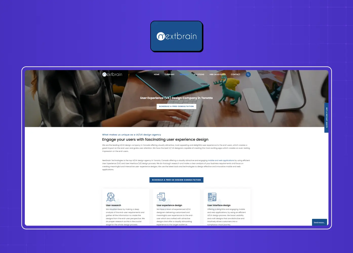 UX design agency homepage with a workspace hero image, service overview, and feature cards introducing research, UI design, and usability services.