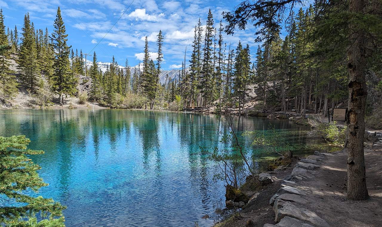 Turquoise Grassi Lakes with improved accessible trail and mountain views near Canmore