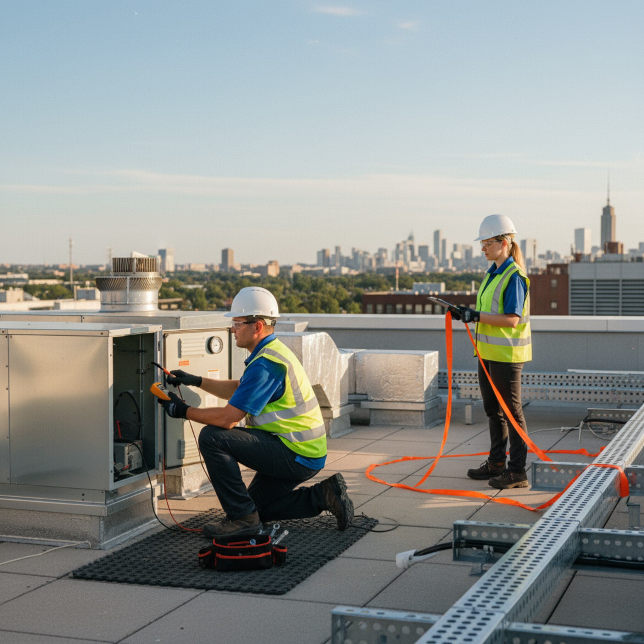 Auf dem Flachdach eines Bürogebäudes überprüft ein Techniker die Lüftungsanlage. Ein Kollege markiert einen abgesperrten Bereich und prüft Checklisten für Arbeitssicherheit. Im Hintergrund liegt die Stadt im warmen Vormittagslicht. Die Szene vermittelt Sorgfalt, Koordination und planmäßige Wartung.