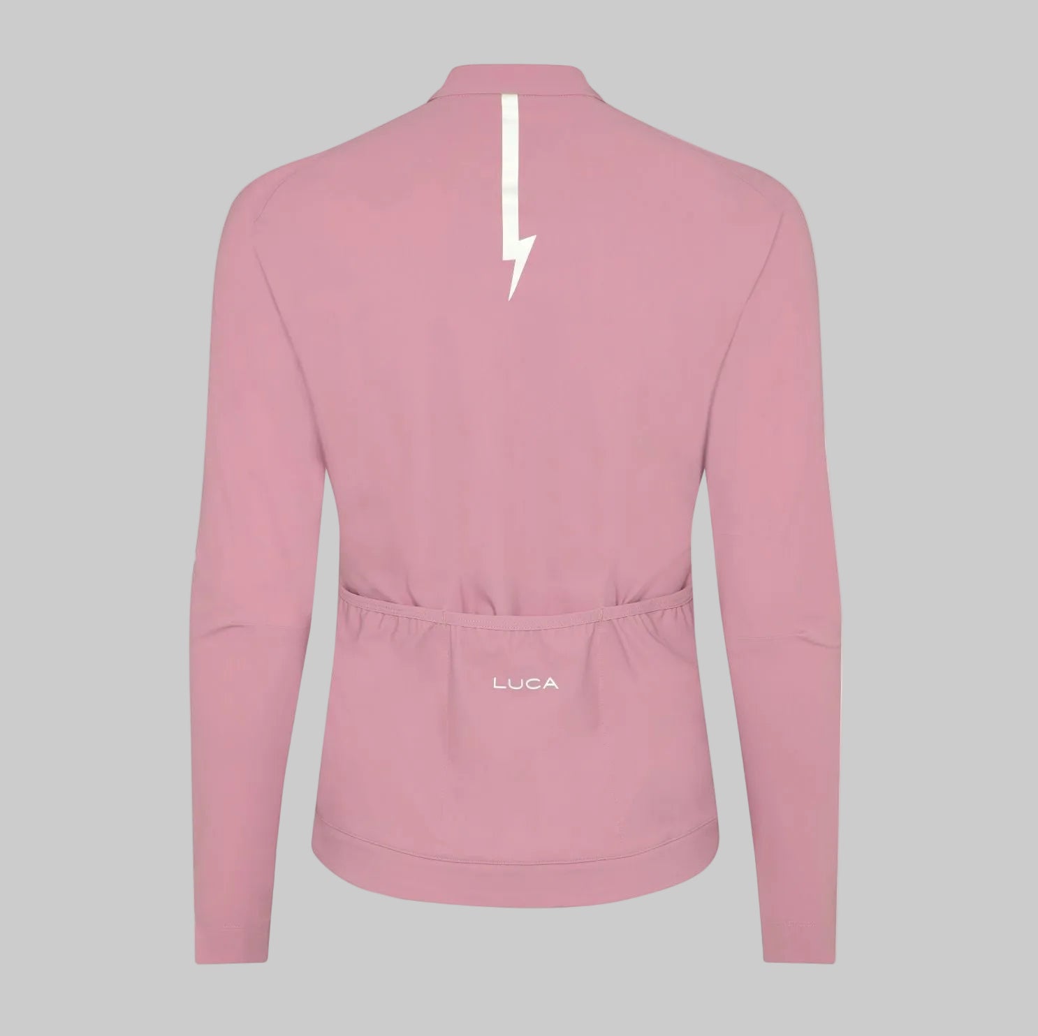 Back-view-of-a-dusty-pink-long-sleeve-cycling-jersey-with-the-white-LUCA-logo-and-a-reflective- lightning-bolt-strip-along-the-neck