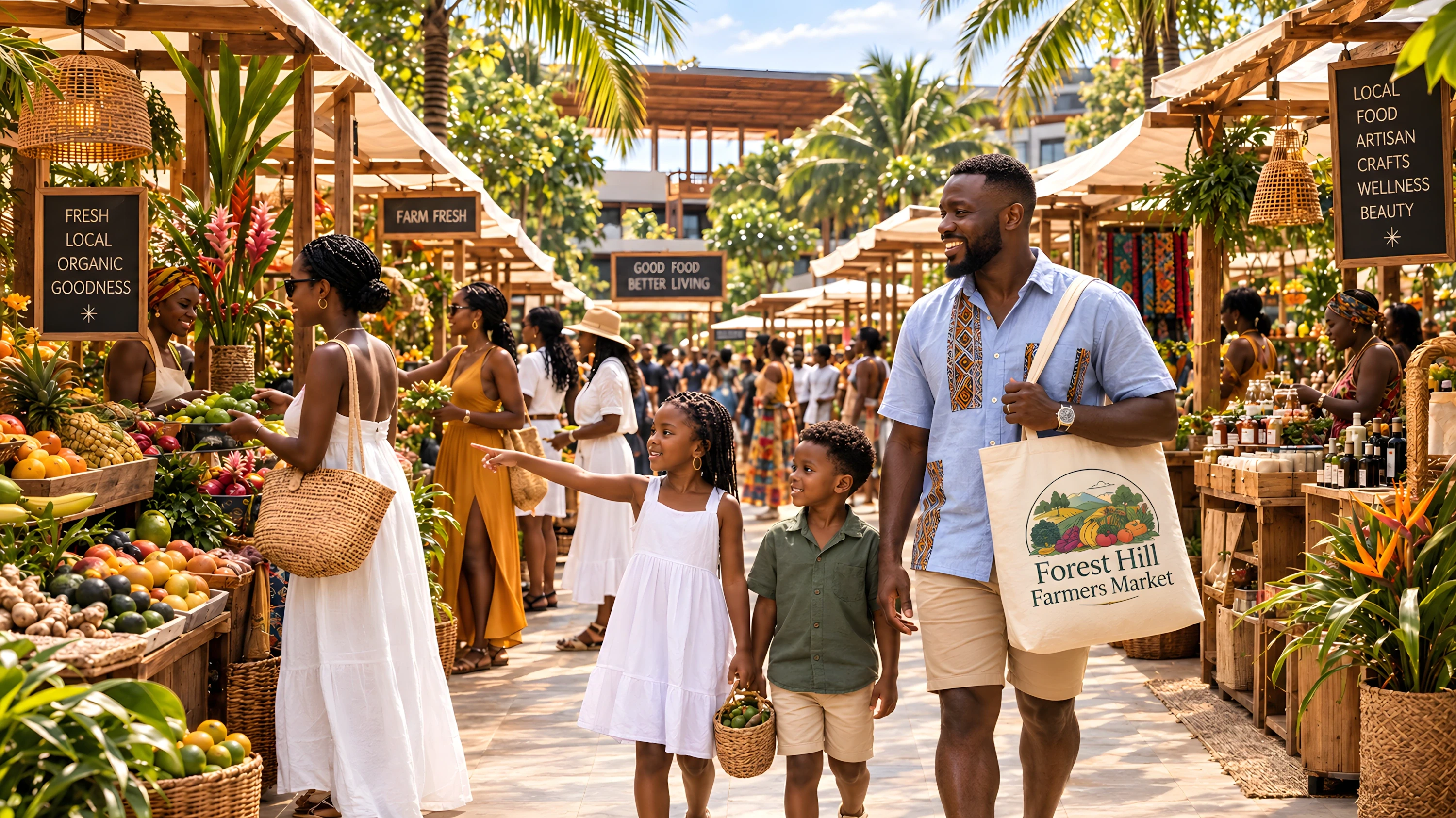 Rendered open-air farmers market with families browsing fruit stalls under palms and canvas canopies