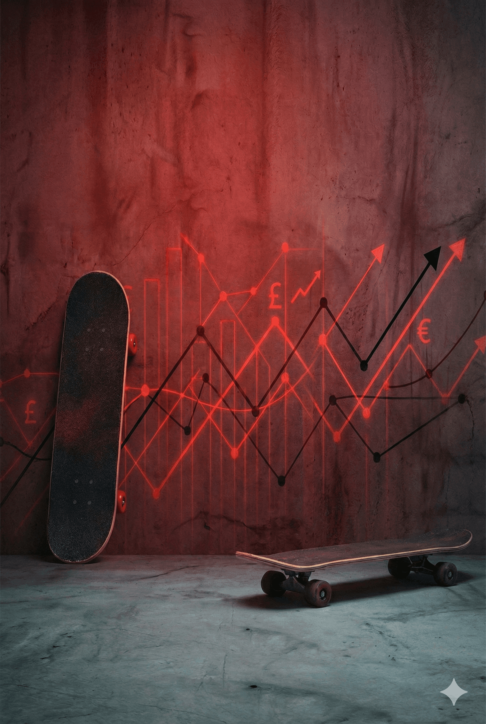 Skateboards against a textured wall with red financial graphs, symbolizing youth culture and economic trends.