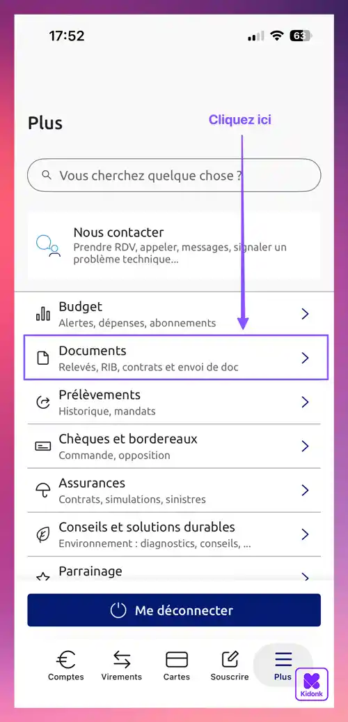 Application mobile Banque Populaire affichant l'onglet Plus et indiquant la partie Documents