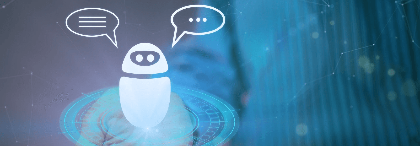 Illustration of a chatbot or AI assistant with two speech bubbles, symbolizing communication and natural language processing, over a digital blue interface with a futuristic holographic design.