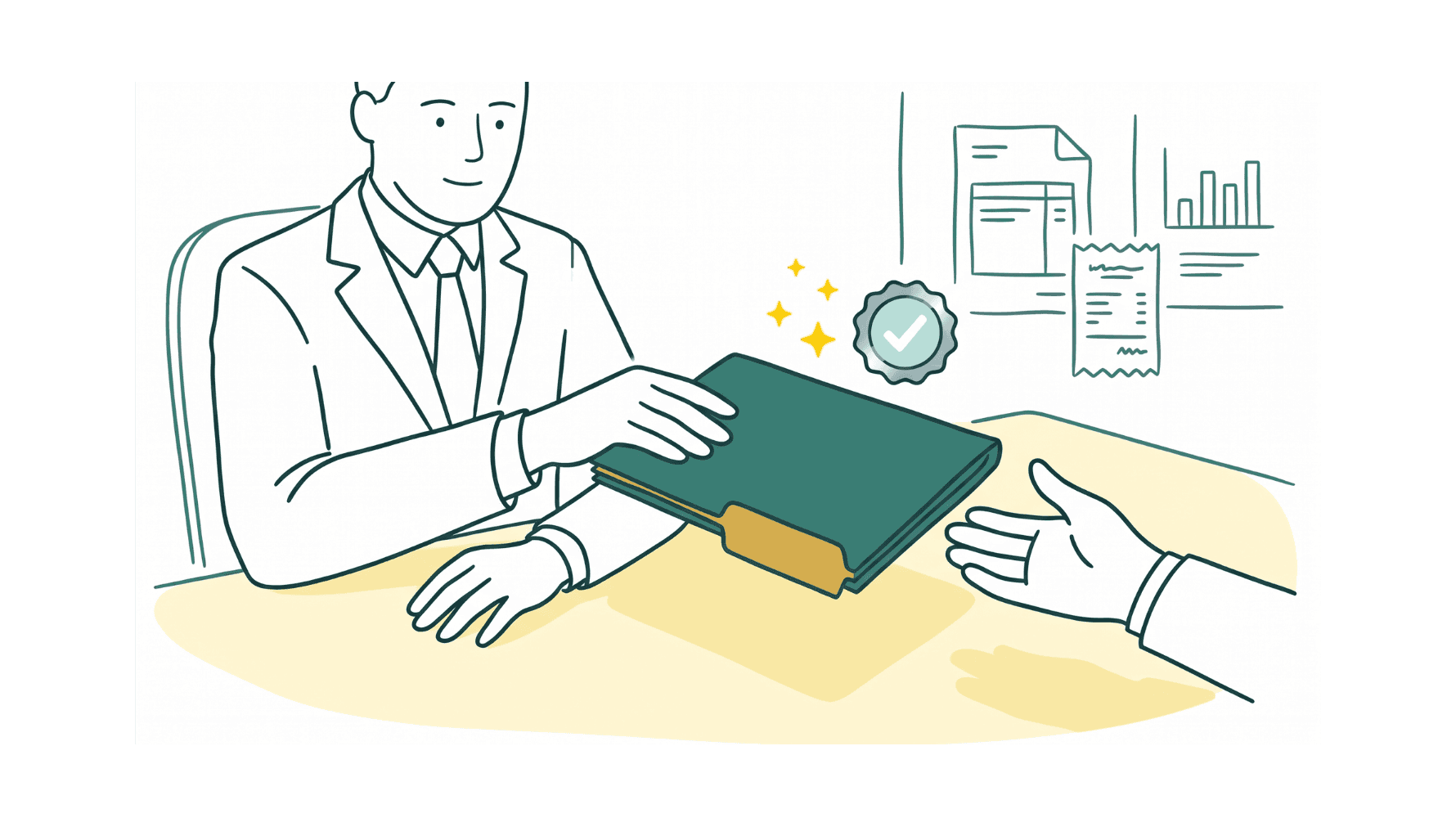 Illustration ligne claire : un dirigeant en costume tend un dossier vert à un interlocuteur de confiance par-dessus un bureau, avec un badge de validation et des documents financiers en arrière-plan