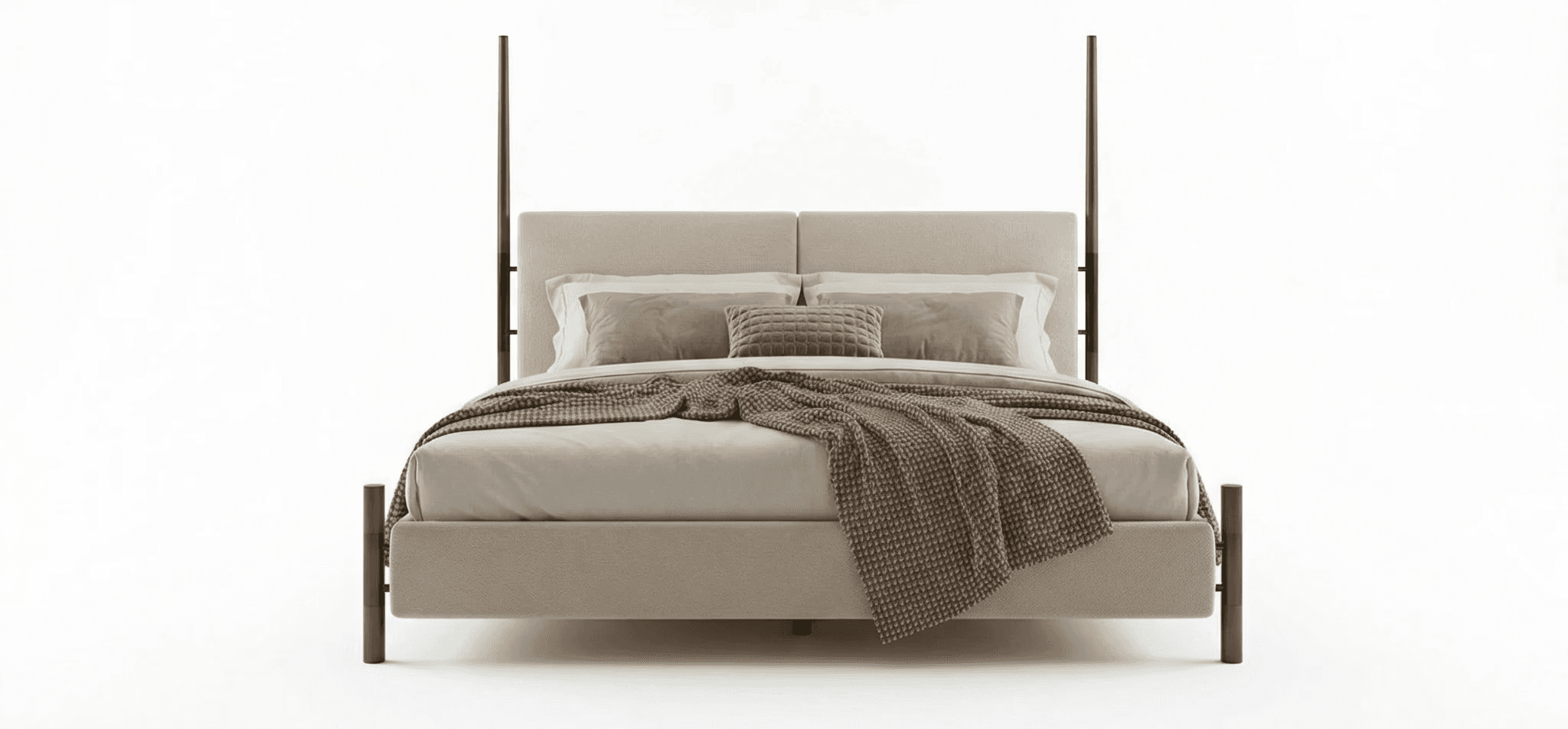 Modern wooden bed with straight frame lines and low platform base
