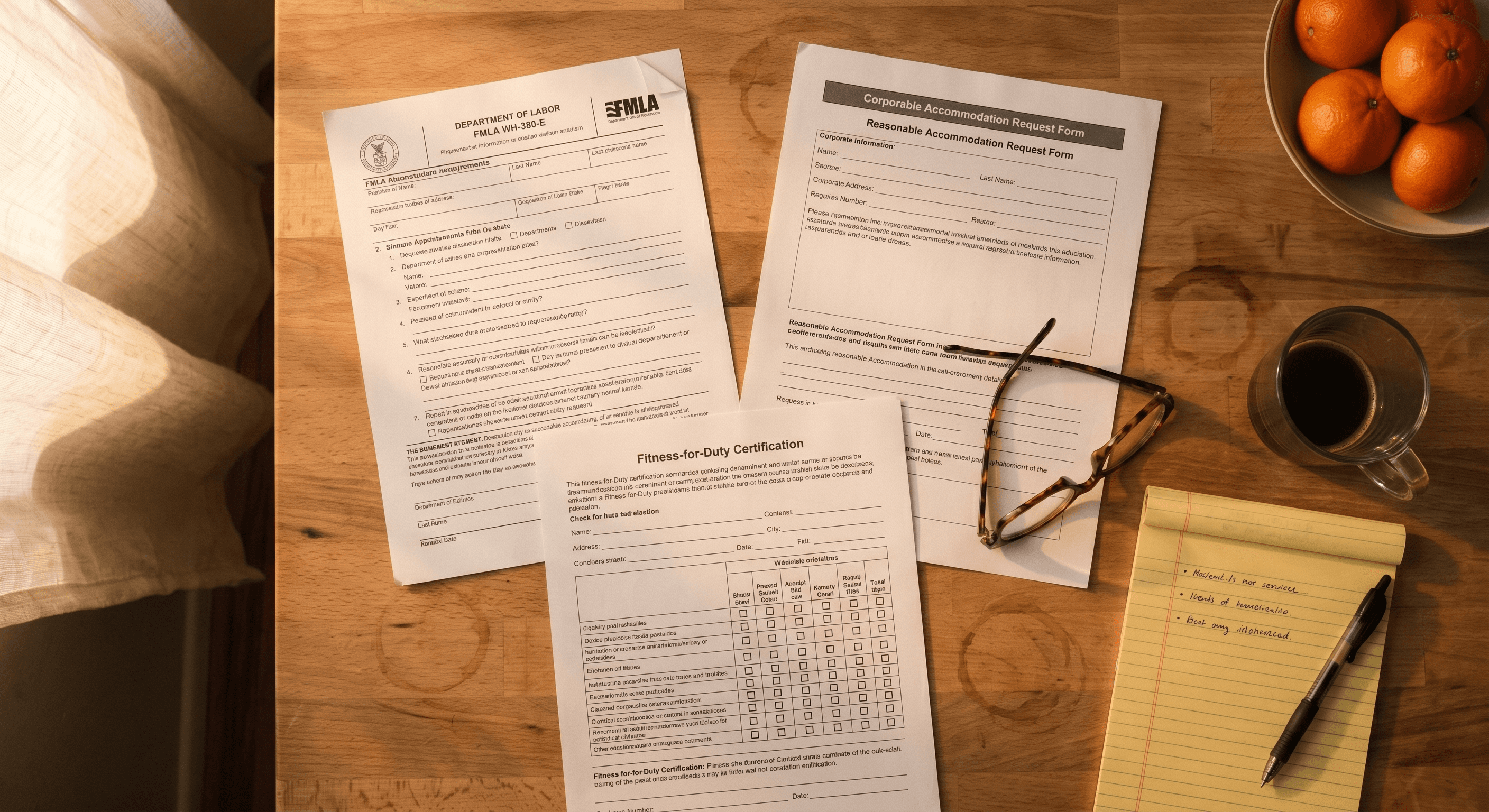 Three different employer medical and accommodation forms spread on a kitchen table beside a coffee cup and reading glasses, late afternoon light