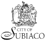 Detailed black and white crest featuring two figures and a shield above the "City of Subiaco" wordmark in a classic serif font.