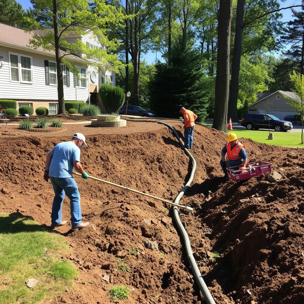 Technicians working on a drain field repair, installing new pipes in a large trench in a suburban yard. The scene shows multiple workers wearing safety gear and using tools to restore the septic system, with a well-maintained home and trees in the background.