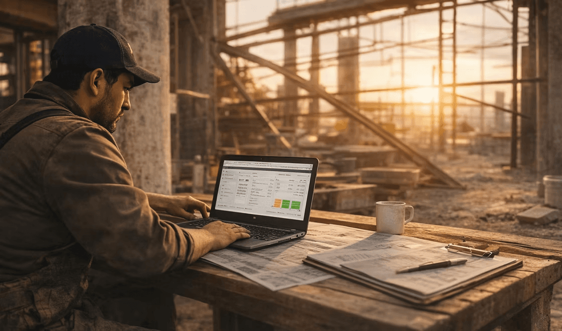 construction contractor reviewing business finances on laptop at job site in Canada