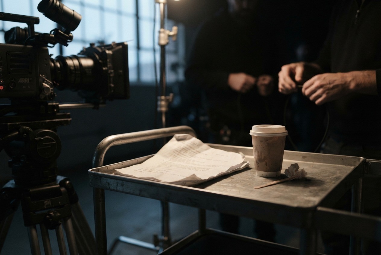 A call sheet and coffee on a camera cart at dawn