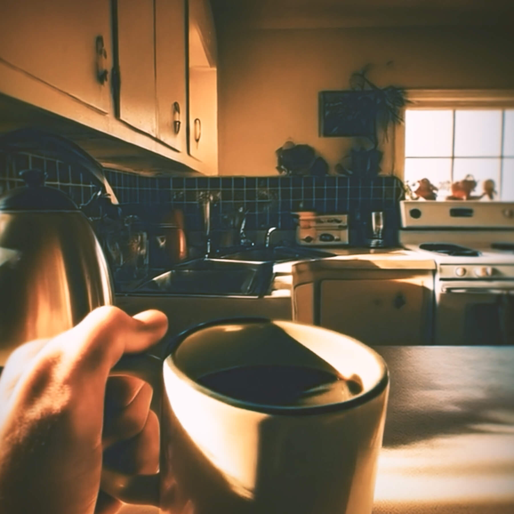 Still from infinite loop video first person drinking a cofffee