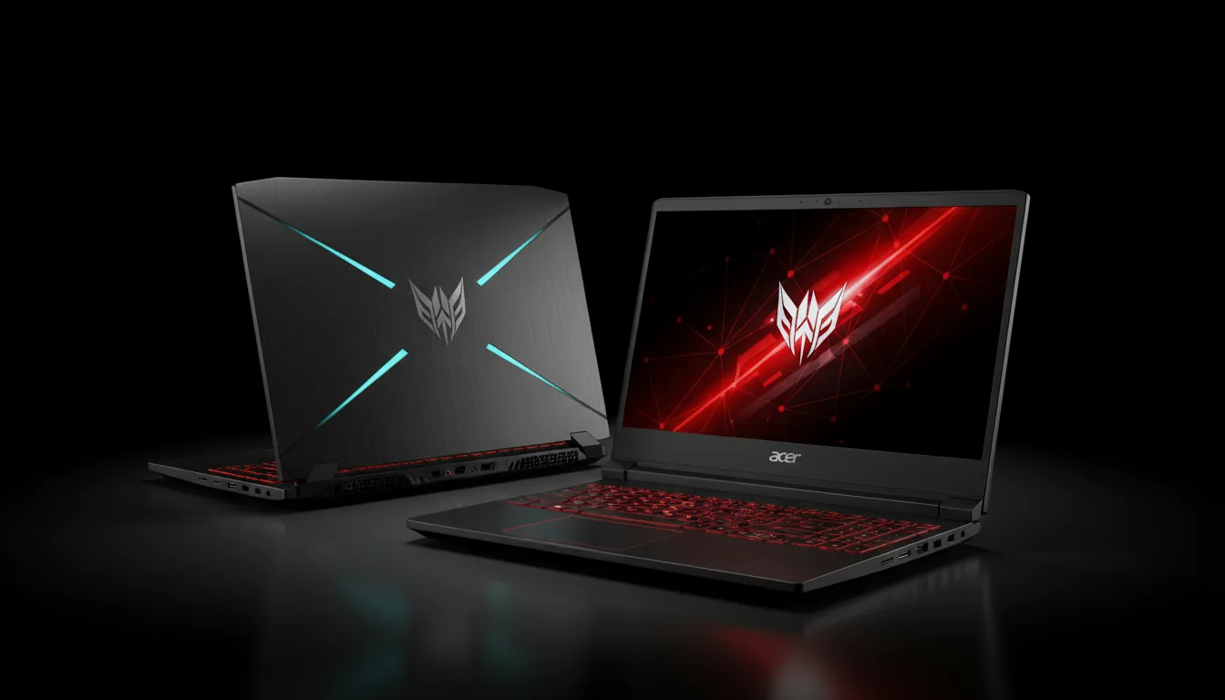 DSLR studio product shot of two high-performance Acer Predator gaming laptops, isolated on a pure black background with a soft reflection. Cinematic contrast lighting dramatically highlights the sharp angles and matte black metal texture of the chassis. One laptop is open in the foreground, angled towards the viewer, its screen glowing with an abstract red and black geometric wallpaper. A second, closed laptop is positioned in the background, showcasing its lid design with subtle, thin light-blue accent lines. The entire composition is clean, professional, and in sharp focus.