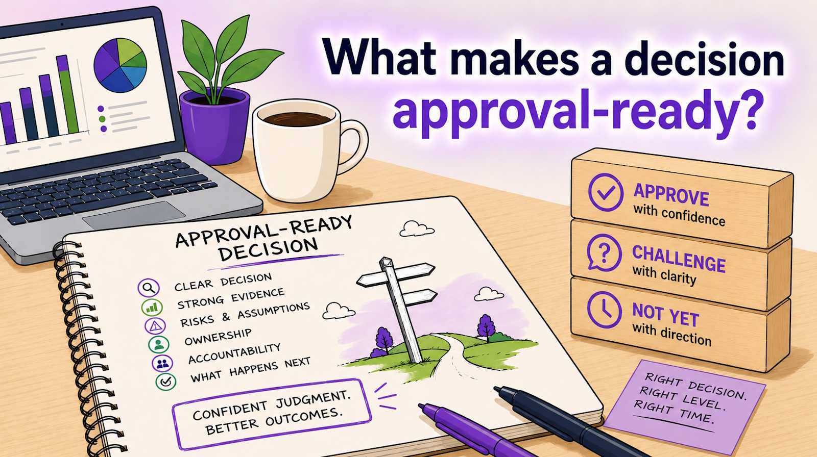 Illustration of an approval-ready decision checklist on a desk, with a laptop, coffee cup, and decision blocks showing approve, challenge, and not yet outcomes, and a title reading “What makes a decision approval-ready?”