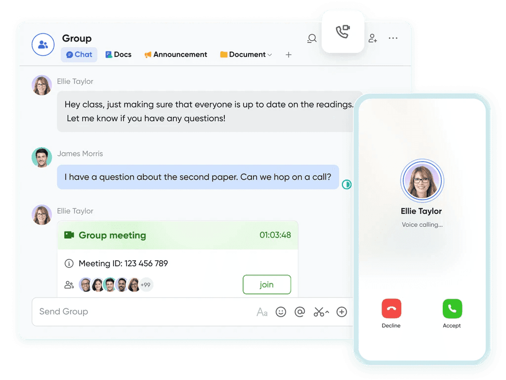 Unlike the ClickUp app, you can directly video call your team in the Lark.