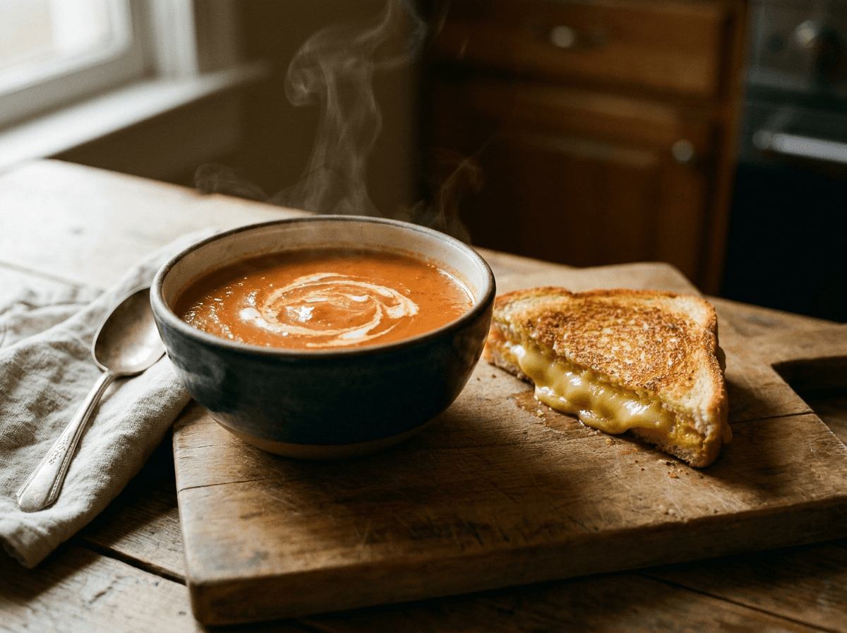 Bowl of creamy tomato soup with golden grilled cheese sandwich, comfort dinner ideas