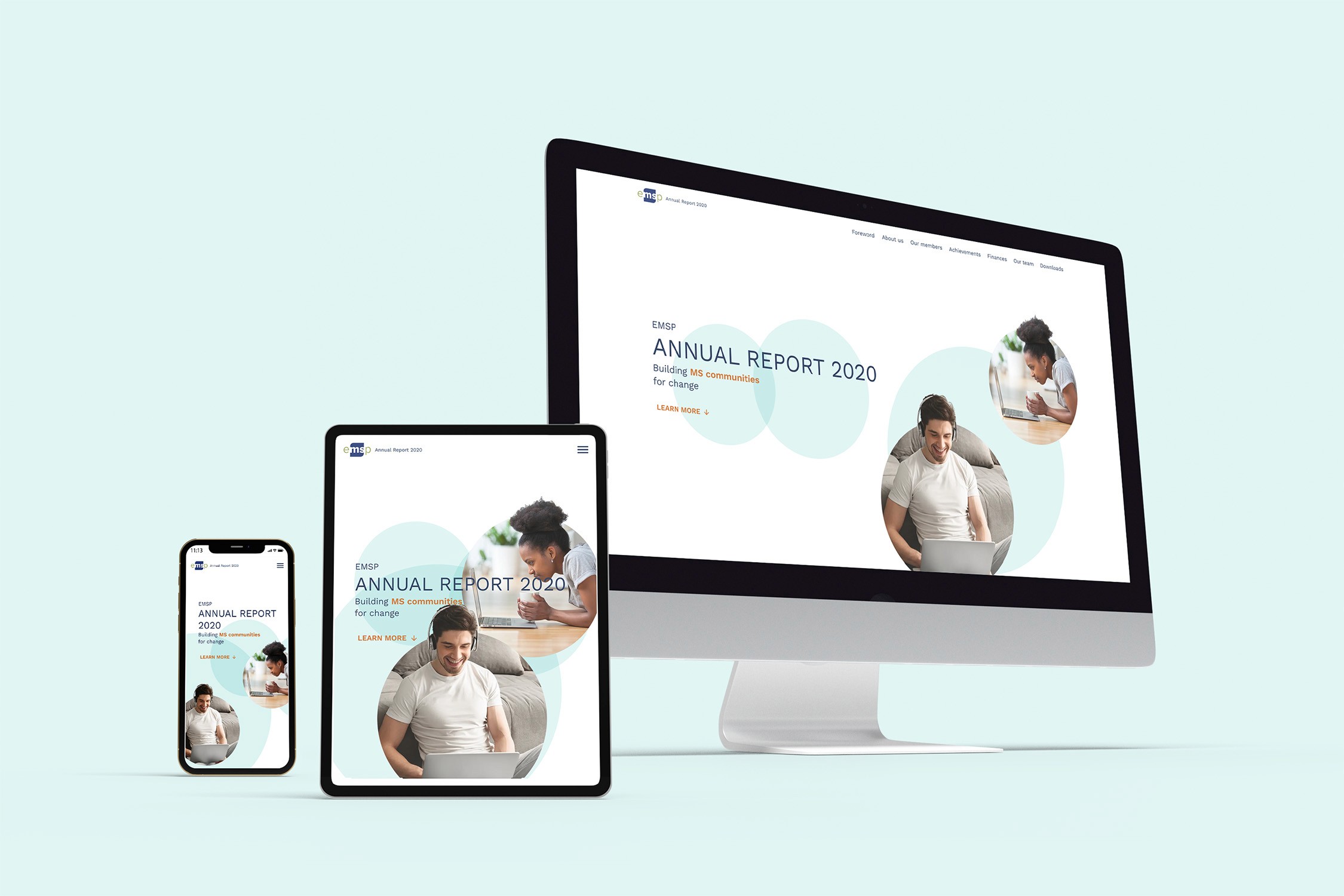 EMSP Interactive Annual Report 2020 hero section on multiple devices including a wide screen, tablet and mobile