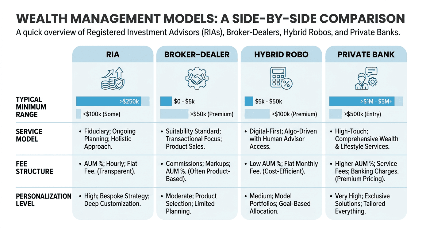 Side-by-side comparison infographic showing four advisor types (RIA, Broker-Dealer, Hybrid Robo, Private Bank) with horizontal bar charts for typical minimum asset ranges and labeled rows for service model, fees, and personalization. Clean minimal layout with brand colors and line icons to make differences easy to scan.