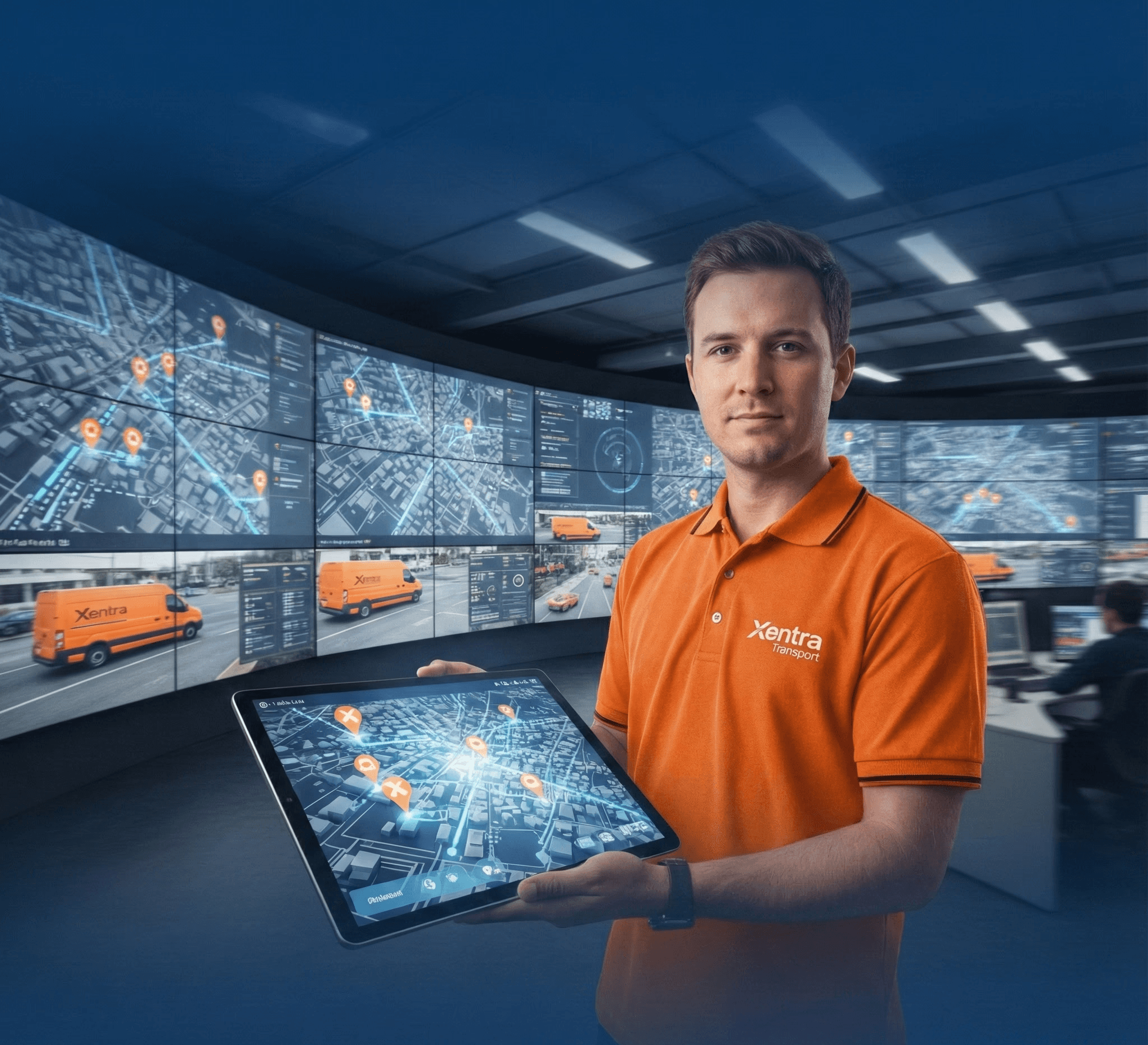 Courier using smartphone to track real-time GPS delivery in office environment