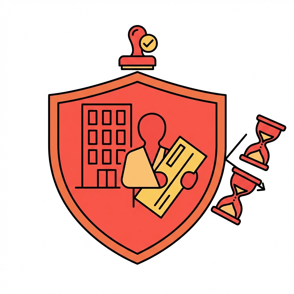 Rotes Schild mit Haus, Person mit Scheck und Stempel, flankiert von Sanduhren. Symbolbild für geprüfte Sicherheit bei Immobilienfinanzen.